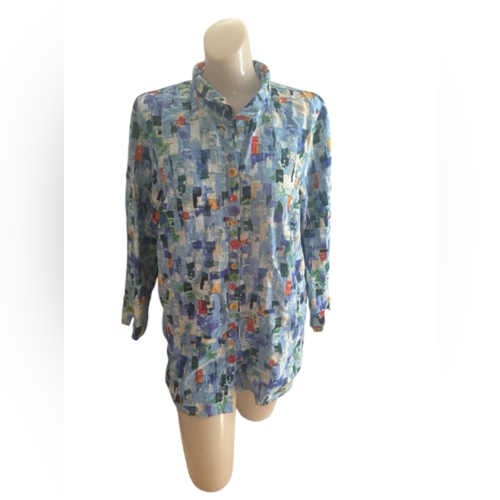 Ali Miles Multicolor Patchwork Print Multi Size Buttons Blouse